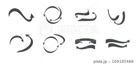 Arrow turning in a circle. Black cursor in a circle. Set of flat round arrows. Vector icons. 109185466