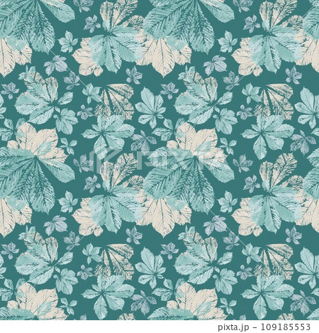 Seamless pattern of chestnut leaves using the imprint technique. It will look good on any paper products or textiles, for example on bed linen 109185553