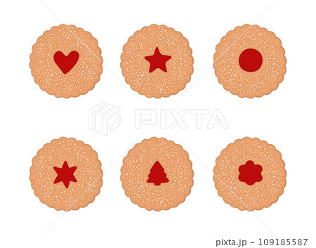 Hand drawn linzer Christmas cookies set. Traditional cookies with jam in different shapes 109185587