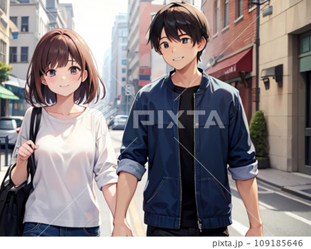手をつないで街を笑顔で歩く若い学生カップル(AI画像) 手をつないで街を笑顔で歩く若い学生カップル(AI画像) 109185646