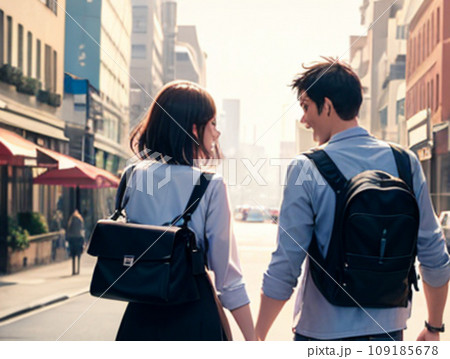 手をつないで街を歩く若いカップルの後ろ姿（AI画像） 109185678