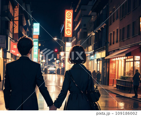 手をつないで夜の街を歩く若いカップルの後ろ姿(AI画像) 手をつないで夜の街を歩く若いカップルの後ろ姿(AI画像) 109186002
