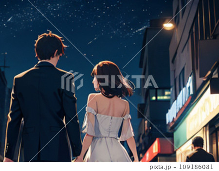 手をつないで夜の街を歩く若いカップルの後ろ姿(AI画像) 手をつないで夜の街を歩く若いカップルの後ろ姿(AI画像) 109186081