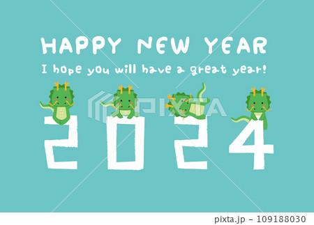 背景水色 2024と辰 Happy New Year 緑竜 メッセージ 背景水色 2024と辰 Happy New Year 緑竜 メッセージ 109188030