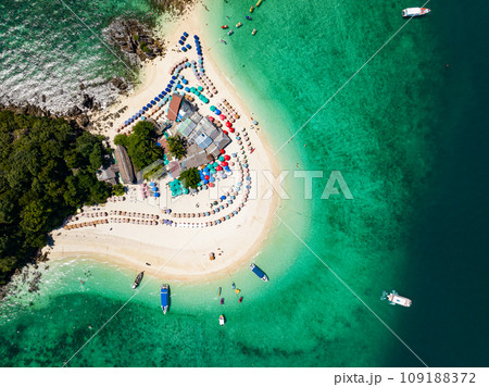 Aerial view drone shot of Amazing small island beautiful tropical sandy beach landscape view at koh Khai maew Island in Phang Nga Thailand,Amazing small island with many Cats live in small island 109188372