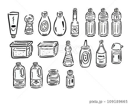 いろいろな調味料のイラストセット 線画 単色 いろいろな調味料のイラストセット 線画 単色 109189665