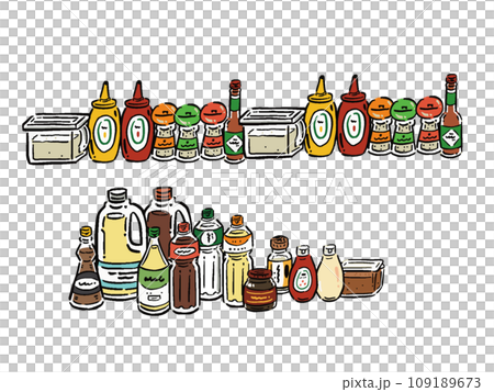 各種調味料的插圖集.手繪風格線條插圖。 各種調味料的插圖集.手繪風格線條插圖。 109189673