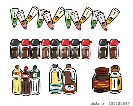 いろいろな調味料のイラストセット　手描き風ラインイラスト　 109189687