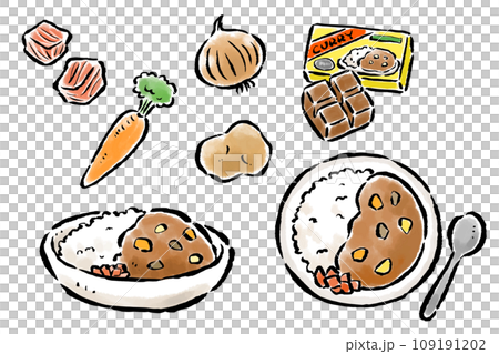 咖哩從上面，從側面，配料手繪插圖 109191202