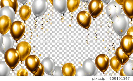 AI-generated gold and silver balloons, confetti, and copy space (transparent background) that can be used for birthdays, celebrations, etc. AI-generated gold and silver balloons, confetti, and copy space (transparent background) that can be used for birthdays, celebrations, etc. 109191547