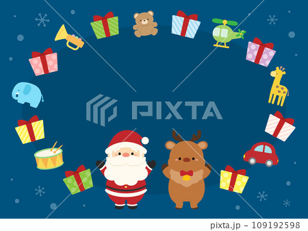サンタクロースとプレゼントとトナカイのフレーム、文字なし背景青色の横長サイズ 109192598