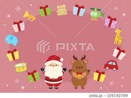 サンタクロースとプレゼントとトナカイのフレーム、文字なし背景ピンクの横長サイズ 109192599