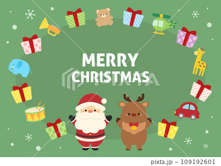 サンタクロースとプレゼントとトナカイのフレーム、背景グリーンの横長サイズ サンタクロースとプレゼントとトナカイのフレーム、背景グリーンの横長サイズ 109192601