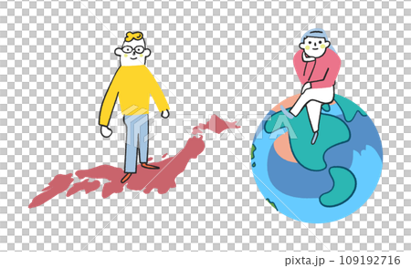 坐在以美洲大陸為中心的地球儀上的女人和站在日本列島的男人的插圖素材集 109192716
