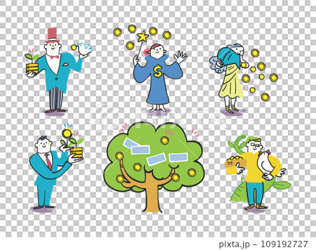 おとぎ話のキャラとビジネスパーソンが進める財テク お金の生る木 セット イラスト素材 おとぎ話のキャラとビジネスパーソンが進める財テク お金の生る木 セット イラスト素材 109192727