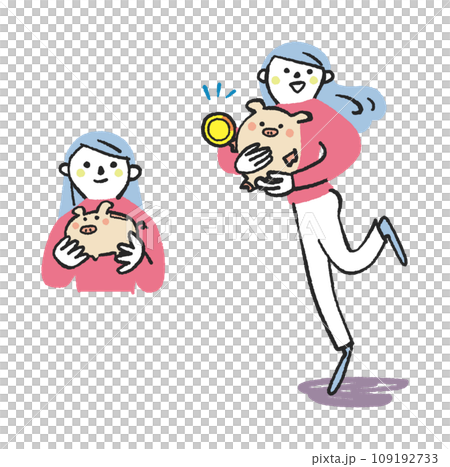 Woman holding a pig piggy bank set illustration material 109192733