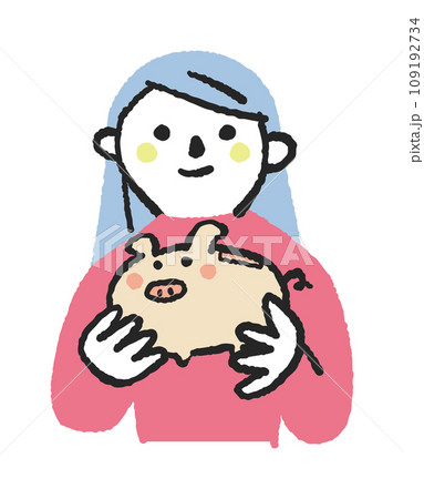 豚の貯金箱を持っている女性　イラスト素材 109192734