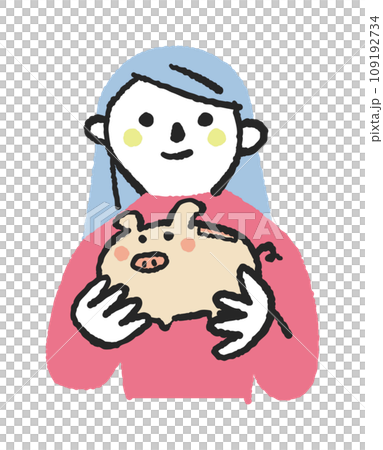 豚の貯金箱を持っている女性　イラスト素材 109192734