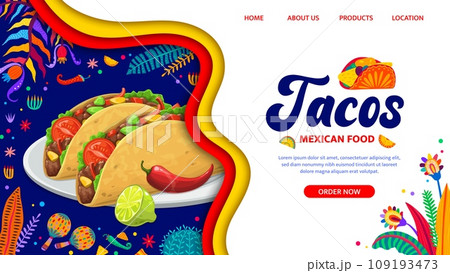 Paper cut landing page with Mexican tacos, Tex Mex food website template, vector background. Mexican cuisine fast food restaurant or store and shop landing page with buttons, chili peppers and maracas Paper cut landing page with Mexican tacos, Tex Mex food website template, vector background. Mexican cuisine fast food restaurant or store and shop landing page with buttons, chili peppers and maracas 109193473
