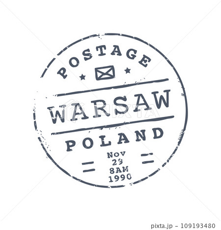 Warsaw Poland postage mark, mail post round seal, ink postmark with letter sign. Vector print on postcard, EU mail delivery insignia, international mail Warsaw Poland postage mark, mail post round seal, ink postmark with letter sign. Vector print on postcard, EU mail delivery insignia, international mail 109193480