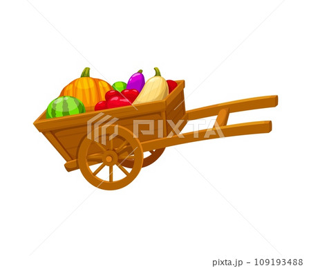 Overflowing cartoon wooden garden wheelbarrow with bountiful harvest of fresh fruits and vegetables. Isolated vector colorful pumpkin, watermelon, squash, eggplant or tomatoes abundance, farm goodness Overflowing cartoon wooden garden wheelbarrow with bountiful harvest of fresh fruits and vegetables. Isolated vector colorful pumpkin, watermelon, squash, eggplant or tomatoes abundance, farm goodness 109193488