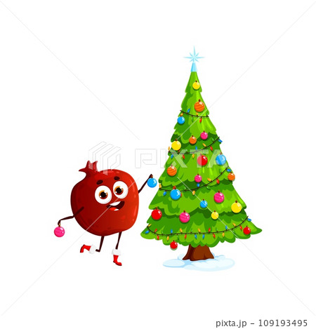 Pomegranate fruit character decorating Christmas tree. Xmas and New Year winter holiday vector personage of cartoon cute red pomegranate hanging ornaments, lights and star on Christmas tree Pomegranate fruit character decorating Christmas tree. Xmas and New Year winter holiday vector personage of cartoon cute red pomegranate hanging ornaments, lights and star on Christmas tree 109193495