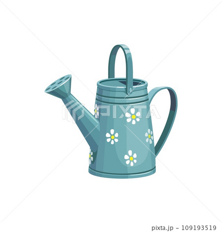 Cartoon watering can, isolated vector tin container with a handle, spout and cute flowers pattern. Fundamental tool for nurturing gardens and potted plants used for gently pouring water onto plants Cartoon watering can, isolated vector tin container with a handle, spout and cute flowers pattern. Fundamental tool for nurturing gardens and potted plants used for gently pouring water onto plants 109193519