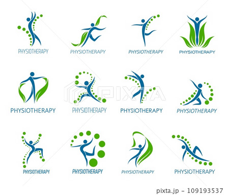 Physiotherapy icon. Vector spine, back pain, body health, chiropractic massage and therapy symbols with abstract silhouettes and green leave. Physical, orthopedic and osteopathic rehabilitation Physiotherapy icon. Vector spine, back pain, body health, chiropractic massage and therapy symbols with abstract silhouettes and green leave. Physical, orthopedic and osteopathic rehabilitation 109193537
