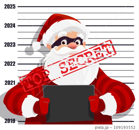 Secret Santa criminal mugshot with top secret stamp for Christmas holiday, vector poster. Winter holiday office party poster with secret Santa in mask with mug shot and years for gifts giveaway event 109193552