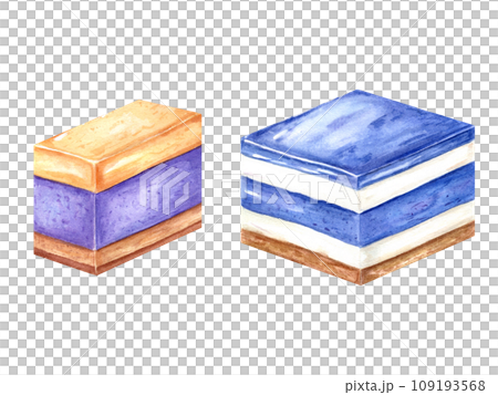 Square cake with berry yoghurt cream. White and blue mousse. Violet and yellow cream dessert. Slice of cheesecake, custard, tart. Watercolor illustration for recipe, menu, package design Square cake with berry yoghurt cream. White and blue mousse. Violet and yellow cream dessert. Slice of cheesecake, custard, tart. Watercolor illustration for recipe, menu, package design 109193568