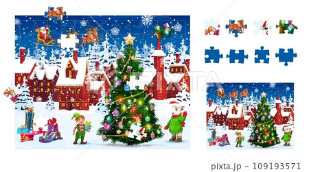 Jigsaw puzzle game pieces of Christmas landscape and snowy town, vector worksheet. Kids jigsaw puzzle to match and fit correct suitable pieces of picture with Christmas tree, elf and Santa with gifts 109193571