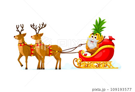 Christmas holiday pineapple Santa cartoon character. Cute pineapple fruit vector personage delivering Xmas gifts and presents with Santa Claus sleigh, reindeers, Christmas bells and festive red bag 109193577
