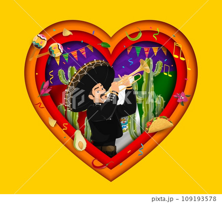 Viva Mexico paper cut banner with mariachi musician, national cuisine and flag. Vector mexican holiday 3d heart frame with papercut layered borders, mariachi character, trumpet, maracas and cactus 109193578