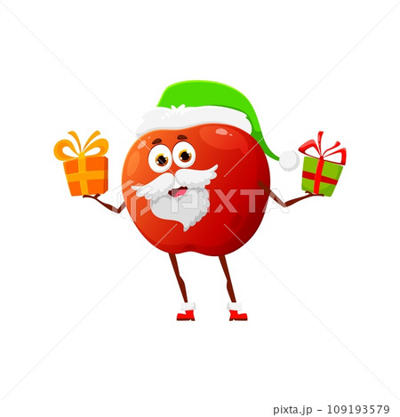 Apple fruit Santa character with Christmas holiday gift boxes. Vector red apple personage with white beard, Santa red hat and Xmas presents. Happy Christmas holidays fruit food cartoon emoticon 109193579