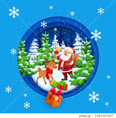 Christmas paper cut banner. Cartoon Santa, deer and gifts in winter forest landscape. Vector greeting card Father Noel with jingle bell and reindeer inside of 3d double exposition effect round frame 109193587