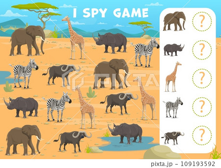 I spy game worksheet with African savannah safari animals, vector kids quiz. African safari cartoon animals, zebra with elephant, rhinoceros and buffalo, puzzle quiz to find and match similar picture 109193592