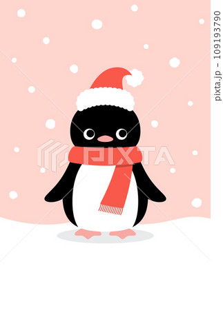 降る雪とサンタの帽子をかぶったペンギンのクリスマス向け背景イラスト 降る雪とサンタの帽子をかぶったペンギンのクリスマス向け背景イラスト 109193790