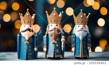 Three wise men holding gifts for Jesus. Concept for religious holiday of Epiphany, Nativity of Jesus, Three Kings Day, Christmas Three wise men holding gifts for Jesus. Concept for religious holiday of Epiphany, Nativity of Jesus, Three Kings Day, Christmas 109194801