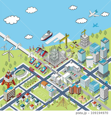 海沿いの街並みの俯瞰イラスト（開発の進むまち） 109194970