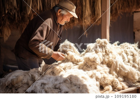 Old farmer works with sheared sheep wool sitting in wooden farm barn traditional craft Old farmer works with sheared sheep wool sitting in wooden farm barn traditional craft 109195180