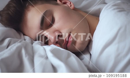 Young Caucasian man sleeps under warm plaid on soft bed at home closeup 109195188