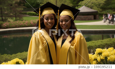Smiling African-American student couple in mortarboards celebrates graduation on college stadium 109195211