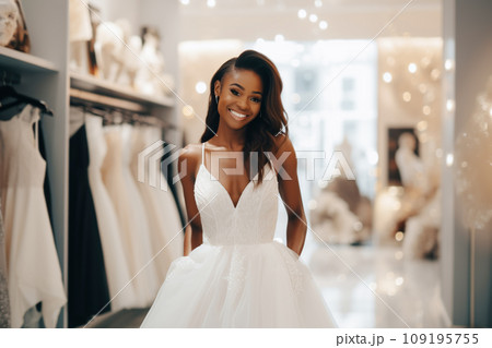 African American bride is trying on an elegant wedding dress in modern wedding salon 109195755
