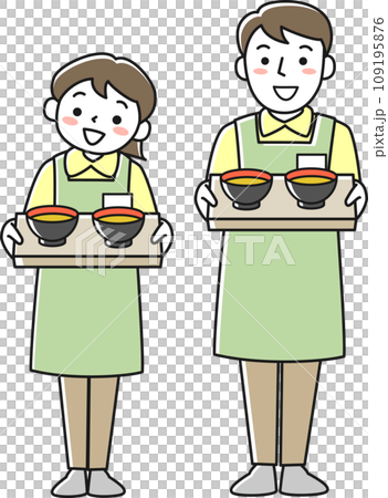 Male and female facility staff serving meals while wearing aprons 109195876