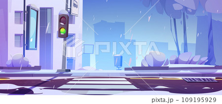Cartoon winter city street landscape with sidewalk 109195929
