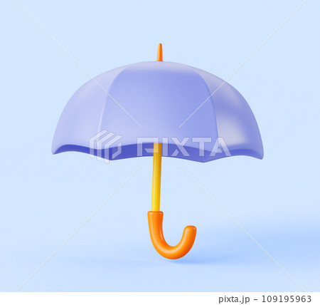 Blue stick umbrella 3d render icon. Protection symbol, safety sign, mock up open parasol with wooden handle, rain or sun protect badge, graphic design element in cartoon plastic style. 3D illustration Blue stick umbrella 3d render icon. Protection symbol, safety sign, mock up open parasol with wooden handle, rain or sun protect badge, graphic design element in cartoon plastic style. 3D illustration 109195963