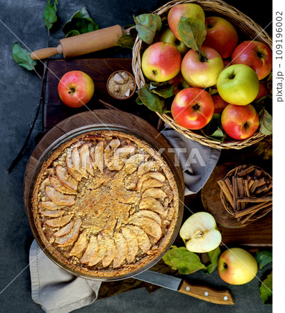 Apples and cinnamon are used in baking. Homemade apple pie on dark rustic background, top view. Classic autumn dessert 109196002