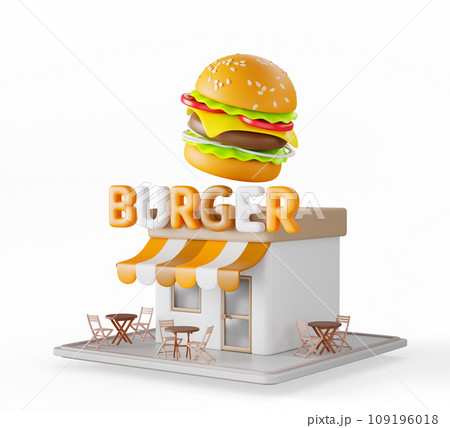Burger restaurant building, fast food cafe with tables and chairs on street. Isometric 3d render mockup of small business booth for takeaway with hamburger and striped canopy exterior. 3D illustration 109196018