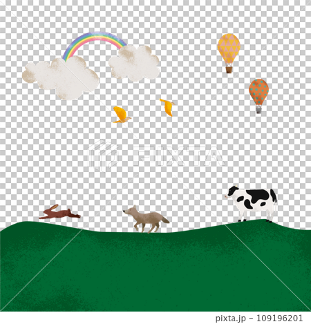 兩種類型的紋理氣球、雲、彩虹、山脈和動物 兩種類型的紋理氣球、雲、彩虹、山脈和動物 109196201