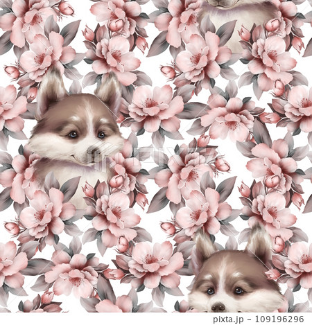 Seamless pattern with cute husky dogs and flowers 109196296